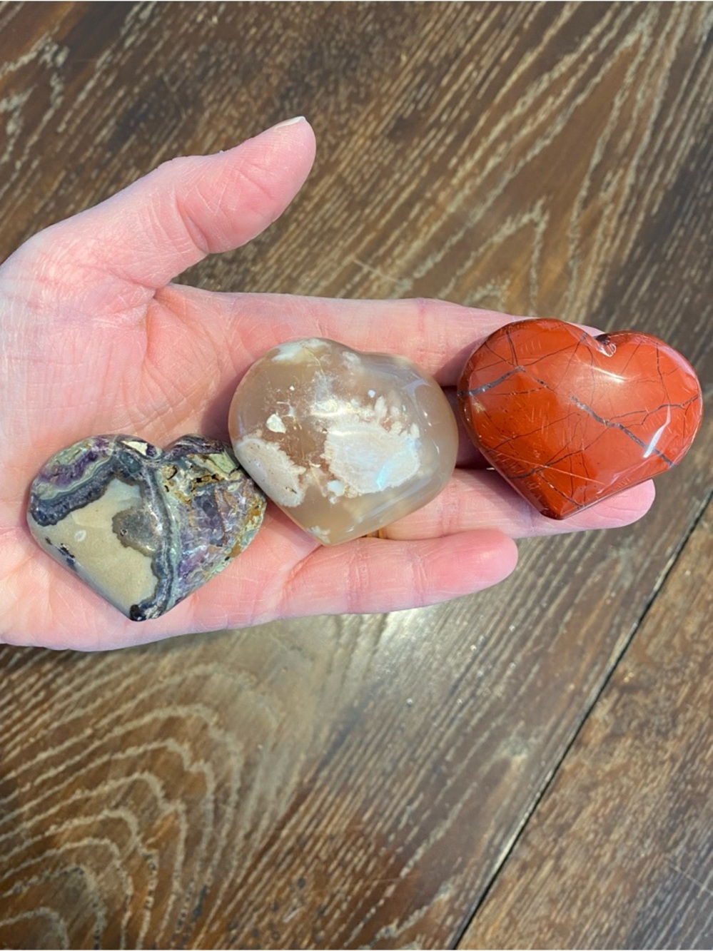 Polished Heart Stone Trio - Red Jasper, Flower Agate & Amethyst Root Hearts